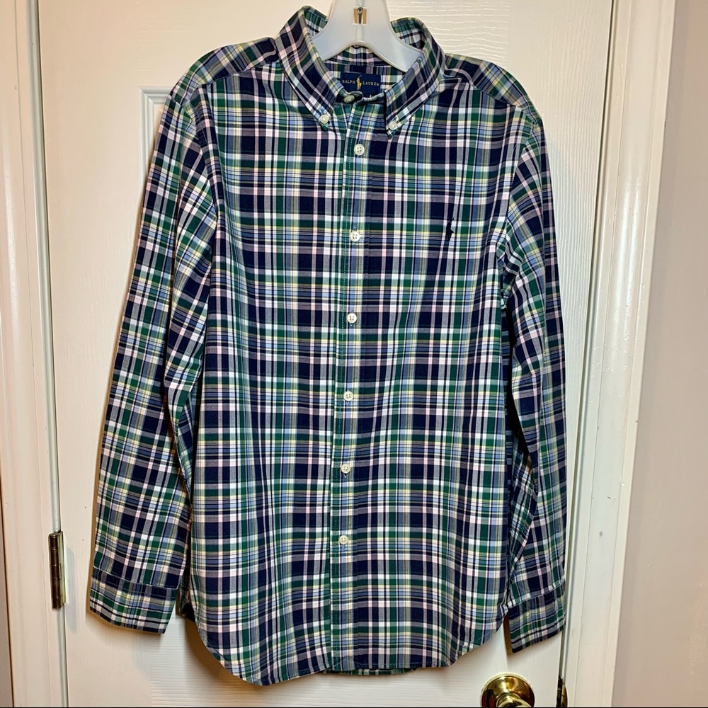 Ralph Lauren Boy’s Large(14-16) Navy Plaid Button Down Collar Shirt, Lik…